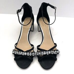 Jewel Badgley Mischka Black Satin Rhinestone Embellished Strappy Sandals Women 8